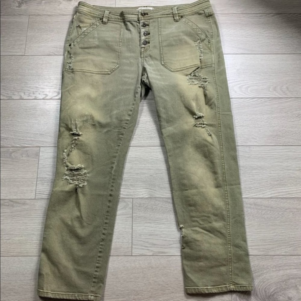 Free People Army Green Distressed Boyfriend Jeans